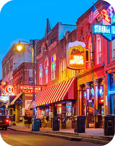 nightime view of a downtown two story building of memphis 